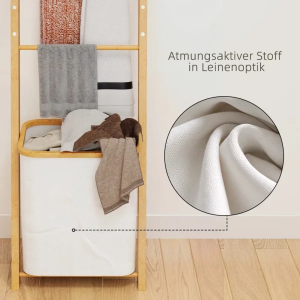 Badkamerrek, 2 in 1 Badkamerrek Met 3 Stangen, Afneembare 48L Wasmand, Bamboe, 43 X 35 X 133 Cm, Crèmewit