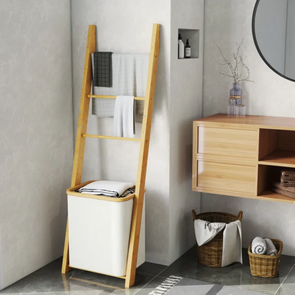 Badkamerrek, 2 in 1 Badkamerrek Met 3 Stangen, Afneembare 48L Wasmand, Bamboe, 43 X 35 X 133 Cm, Crèmewit