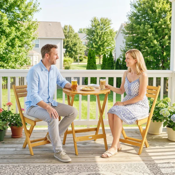 Balkonmeubelset 3 delig FSC Hout Inklapbaar Tuinmeubelset Met Ronde Tafel 2 Stoelen Zitkussens Ademend Lamelzitje