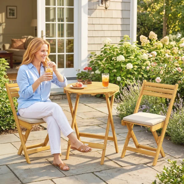 Balkonmeubelset 3 delig FSC Hout Inklapbaar Tuinmeubelset Met Ronde Tafel 2 Stoelen Zitkussens Ademend Lamelzitje