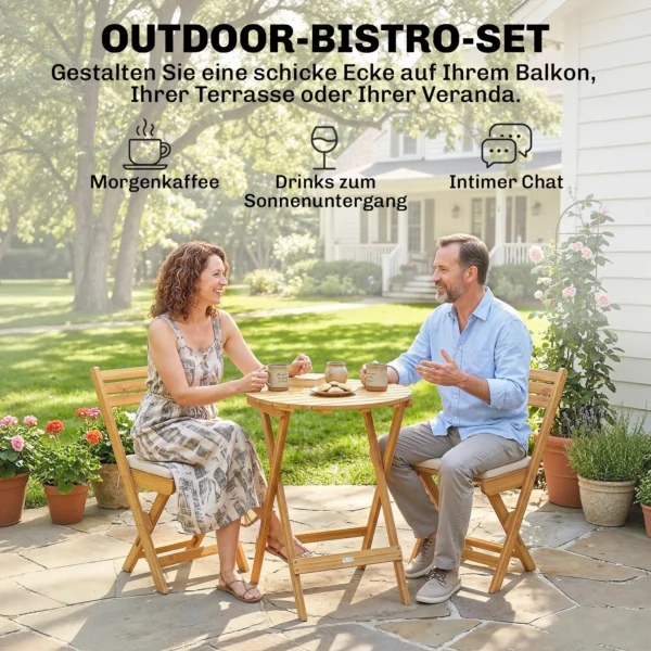 Balkonmeubelset 3 delig FSC Hout Inklapbaar Tuinmeubelset Met Ronde Tafel 2 Stoelen Zitkussens Ademend Lamelzitje