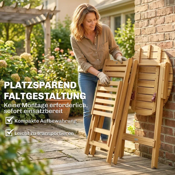 Balkonmeubelset 3 delig FSC Hout Inklapbaar Tuinmeubelset Met Ronde Tafel 2 Stoelen Zitkussens Ademend Lamelzitje