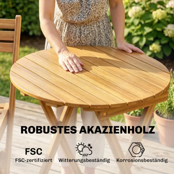 Balkonmeubelset 3 delig FSC Hout Inklapbaar Tuinmeubelset Met Ronde Tafel 2 Stoelen Zitkussens Ademend Lamelzitje