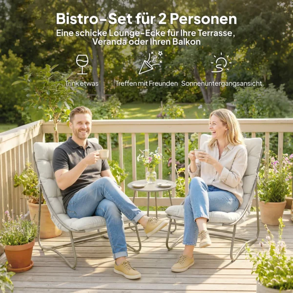Balkonmeubelset 3 delig Tuinmeubelset Met Tafel Kussens Stalen Frame Verstelbare Voetpads, Ademend Lichtgrijs