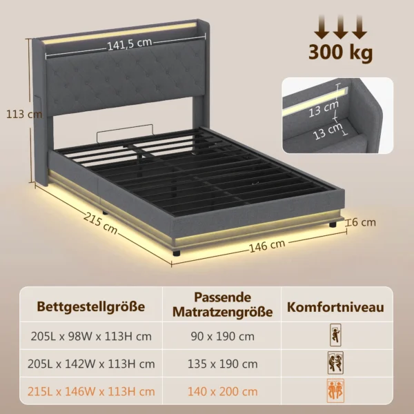 Bedframe 140 X 200 Cm Met Hoofd En Voeteneinde, Platformbed Met Hydraulische Opbergruimte, LED verlichting