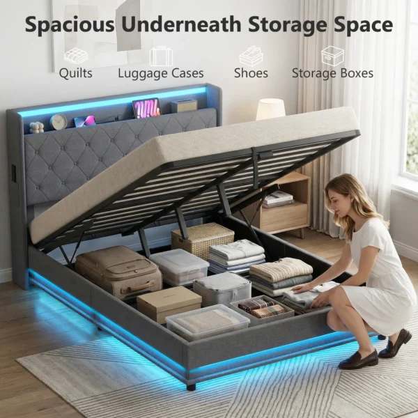 Bedframe 140 X 200 Cm Met Hoofd En Voeteneinde, Platformbed Met Hydraulische Opbergruimte, LED verlichting