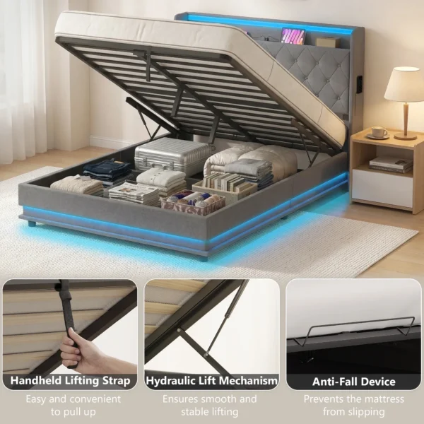 Bedframe 140 X 200 Cm Met Hoofd En Voeteneinde, Platformbed Met Hydraulische Opbergruimte, LED verlichting