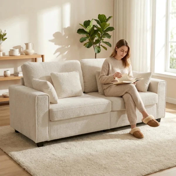 Beige 3 zits Bank Met Regendruppel Fluwelen Bekleding, Diepe Zit, Veren Kussens, Brede Armleuningen En 4 Kussens