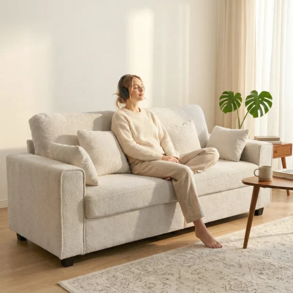 Beige 3 zits Bank Met Regendruppel Fluwelen Bekleding, Diepe Zit, Veren Kussens, Brede Armleuningen En 4 Kussens