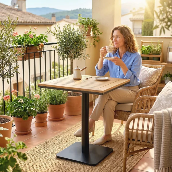 Bijzettafel 70 X 70 Cm Weerbestendig Tuintafel Met Houtlook Brede Basis, Vierkant Natuurhout