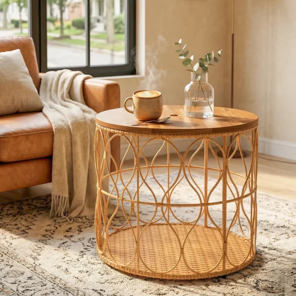 Bijzettafel Ø50 Cm Weerbestendig Tuintafel Met Rieten Look Acaciahouten Blad Verstelbare Voeten Teak