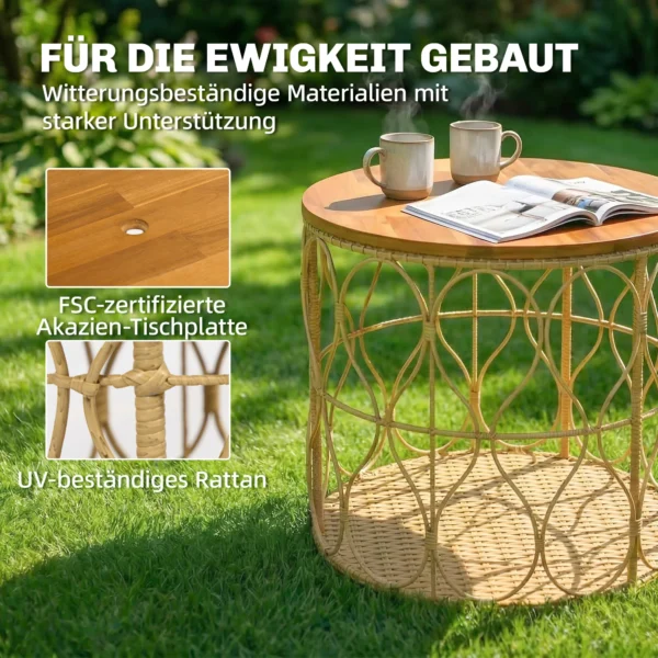Bijzettafel Ø50 Cm Weerbestendig Tuintafel Met Rieten Look Acaciahouten Blad Verstelbare Voeten Teak