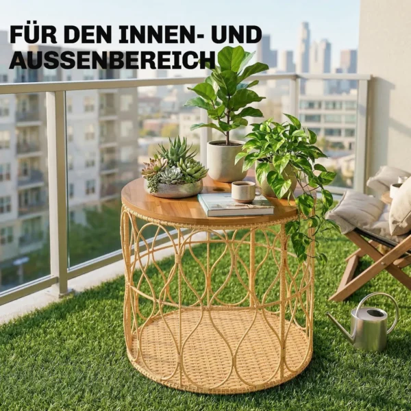 Bijzettafel Ø50 Cm Weerbestendig Tuintafel Met Rieten Look Acaciahouten Blad Verstelbare Voeten Teak