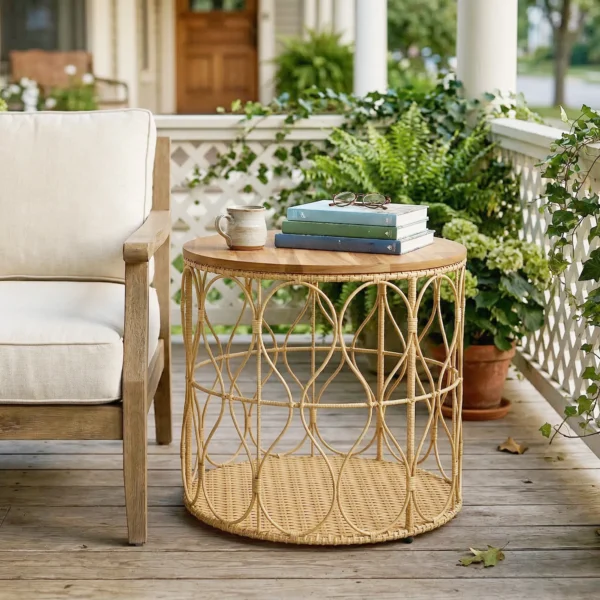 Bijzettafel Ø50 Cm Weerbestendig Tuintafel Met Rieten Look Acaciahouten Blad Verstelbare Voeten Teak
