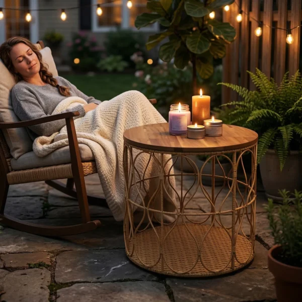Bijzettafel Ø50 Cm Weerbestendig Tuintafel Met Rieten Look Acaciahouten Blad Verstelbare Voeten Teak