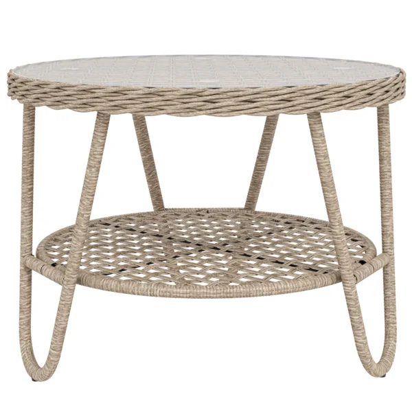 Bijzettafel Van Polyrattan 2 laags Koffietafel Met Opbergruimte Glazen Plaat Verstelbare Voeten 65 X 65 X 50 Cm Geel