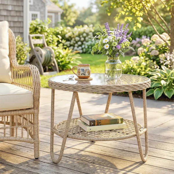 Bijzettafel Van Polyrattan 2 laags Koffietafel Met Opbergruimte Glazen Plaat Verstelbare Voeten 65 X 65 X 50 Cm Geel