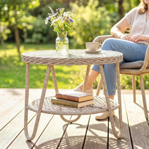 Bijzettafel Van Polyrattan 2 laags Koffietafel Met Opbergruimte Glazen Plaat Verstelbare Voeten 65 X 65 X 50 Cm Geel