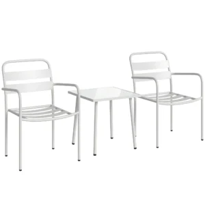 Bistroset 3 delige Metalen Tuinmeubelset Met 2 Tuinstoelen, Glazen Tafel, Lamellenontwerp, Roestbestendig
