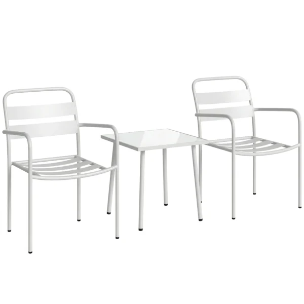 Bistroset 3 delige Metalen Tuinmeubelset Met 2 Tuinstoelen, Glazen Tafel, Lamellenontwerp, Roestbestendig