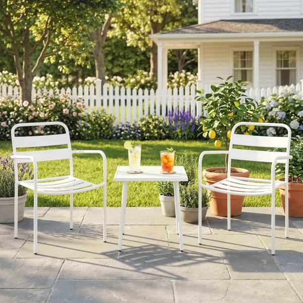 Bistroset 3 delige Metalen Tuinmeubelset Met 2 Tuinstoelen, Glazen Tafel, Lamellenontwerp, Roestbestendig