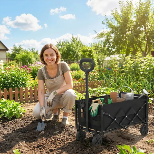 Bolderwagen 60L Opvouwbare Handwagen Tuinwagen Transportwagen Met Telescopische Handgreep Achterklep Drankhouder