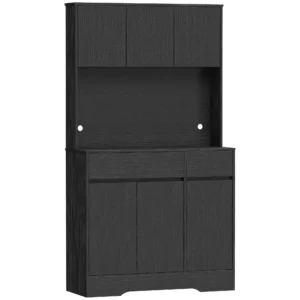 Buffet keukenkast Met Werkblad, 6 Deuren, Hoge Opbergkast Met Planken, Zwart