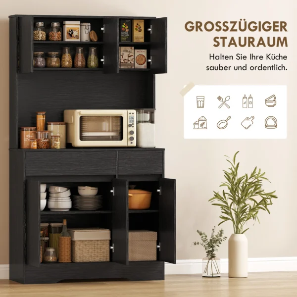 Buffet keukenkast Met Werkblad, 6 Deuren, Hoge Opbergkast Met Planken, Zwart