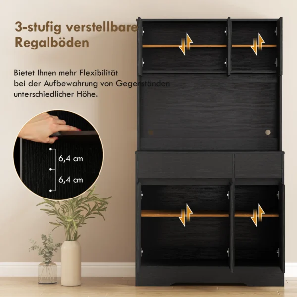 Buffet keukenkast Met Werkblad, 6 Deuren, Hoge Opbergkast Met Planken, Zwart
