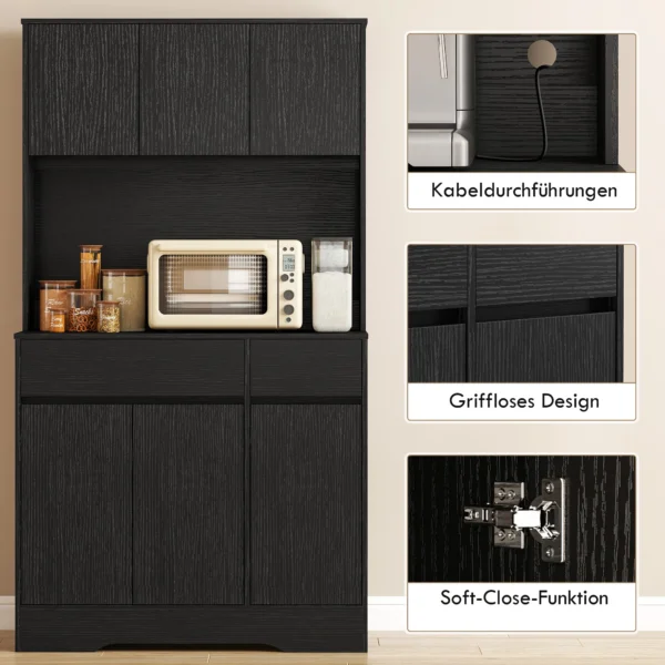 Buffet keukenkast Met Werkblad, 6 Deuren, Hoge Opbergkast Met Planken, Zwart