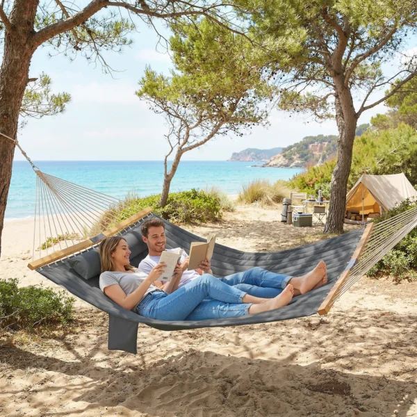 Buitenhangmat 200x140cm, Dubbel laags Hangmat Met Hoofdsteun, Tijdschriftzak, Houten Staven Tot 200kg