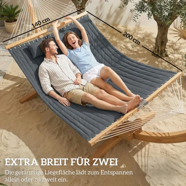 Buitenhangmat 200x140cm, Dubbel laags Hangmat Met Hoofdsteun, Tijdschriftzak, Houten Staven Tot 200kg