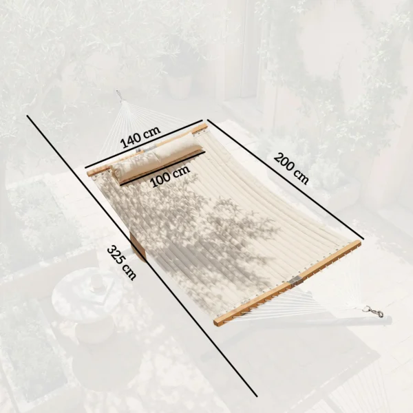 Buitenhangmat 200x140cm, Dubbele Laag Hangmat Met Hoofdsteun, Tijdschriftzak, Houten Staven Tot 200kg