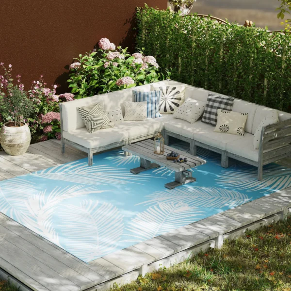 Buitentapijt Omkeerbaar Robuust Weerbestendig Buitentapijt Met Draagtas Grondankers 274 X 182 Cm Lichtblauw+Wit