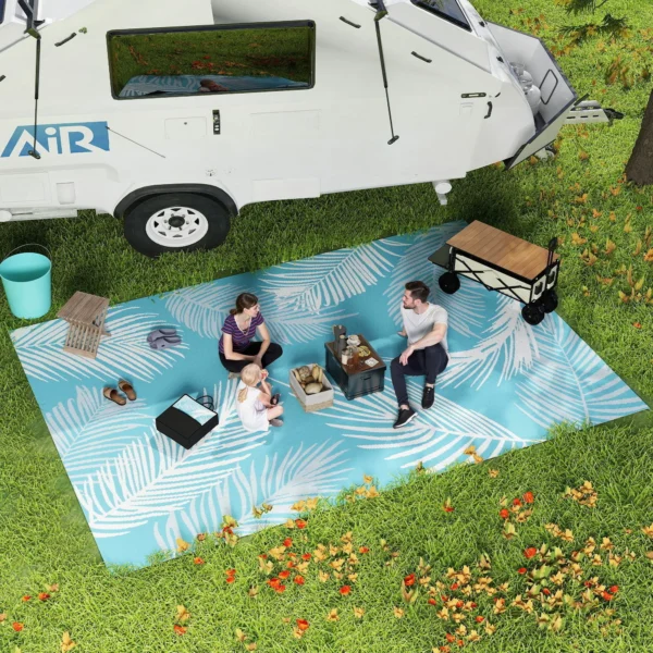 Buitentapijt Omkeerbaar Robuust Weerbestendig Buitentapijt Met Draagtas Grondankers 274 X 182 Cm Lichtblauw+Wit