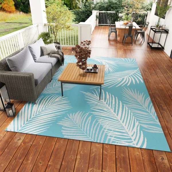 Buitentapijt Omkeerbaar Robuust Weerbestendig Buitentapijt Met Draagtas Grondankers 274 X 182 Cm Lichtblauw+Wit