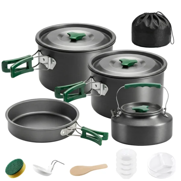 Camping Kookgerei Set 5 delige Outdoor Servies Set Met Anti Verbrandingshandvatten Pot Pan Voor 4 5 Personen Grijs