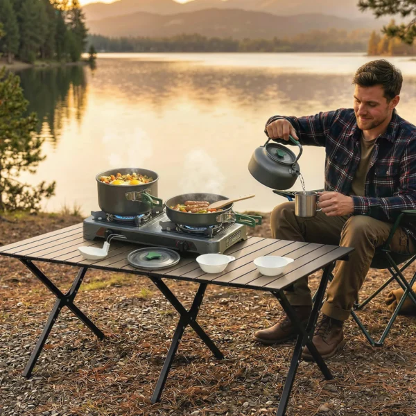 Camping Kookgerei Set 5 delige Outdoor Servies Set Met Anti Verbrandingshandvatten Pot Pan Voor 4 5 Personen Grijs