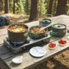 Camping Kookgerei Set 5 delige Outdoor Servies Set Met Anti Verbrandingshandvatten Pot Pan Voor 4 5 Personen Grijs