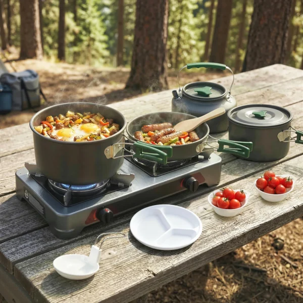 Camping Kookgerei Set 5 delige Outdoor Servies Set Met Anti Verbrandingshandvatten Pot Pan Voor 4 5 Personen Grijs