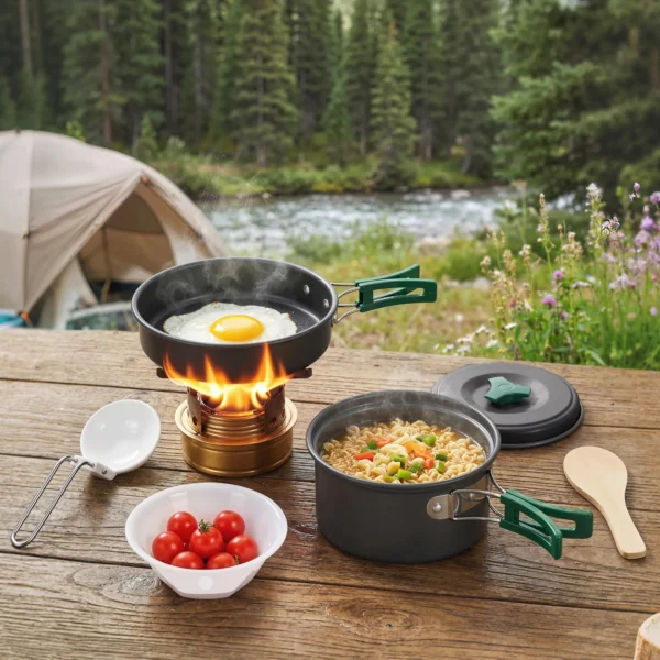 Camping Kookgerei Set 8 delige Outdoor Servies Set Met Anti Verbrandingshandvatten Snel Verhittende Pot Pan Grijs