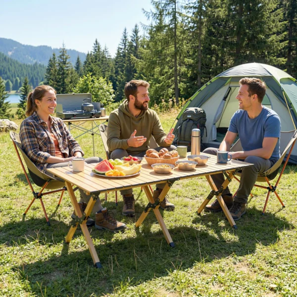 Campingtafel 117 X 60 Cm Aluminium Opklaptafel Met Oprolbare Tafelblad Hout Look Draagtas Waterdicht