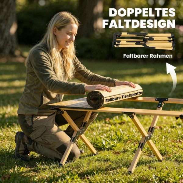 Campingtafel 117 X 60 Cm Aluminium Opklaptafel Met Oprolbare Tafelblad Hout Look Draagtas Waterdicht