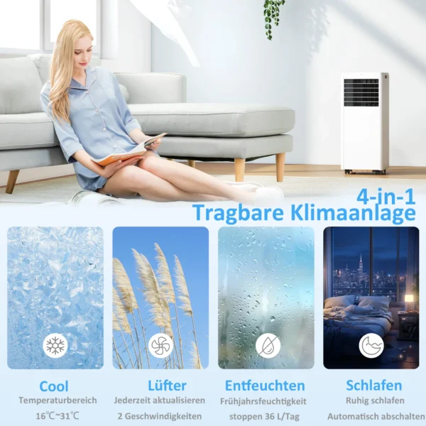 Draagbaar Klimaatapparaat 7000 BTU, 4 in 1 Airconditioning Met Koeling, Ontvochtiger, Ventilator, Slaapmodus