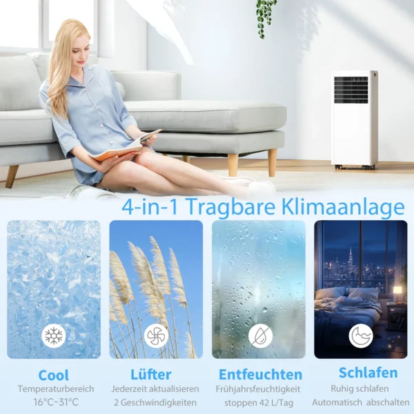 Draagbaar Klimaatapparaat 9000 BTU, 4 in 1 Met Koeling, Ontvochtiger, Ventilator, Slaapmodus