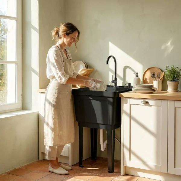 Draagbare Camping Wastafel Met Zeepdispenser, Kraan, Inlaat En Afvoerslangen, Zwart