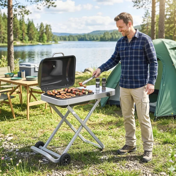 Draagbare Gasgrill 1 Brander 2,5kW Grillwagen Met Opvouwbare Rolwagen Grillrooster Zijtafel Deksel Thermometer