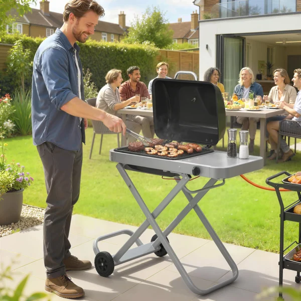 Draagbare Gasgrill 1 Brander 2,5kW Grillwagen Met Opvouwbare Rolwagen Grillrooster Zijtafel Deksel Thermometer