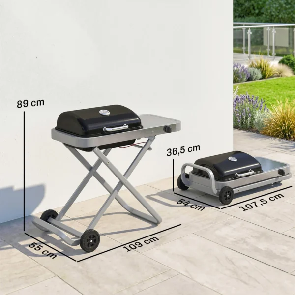 Draagbare Gasgrill 1 Brander 2,5kW Grillwagen Met Opvouwbare Rolwagen Grillrooster Zijtafel Deksel Thermometer