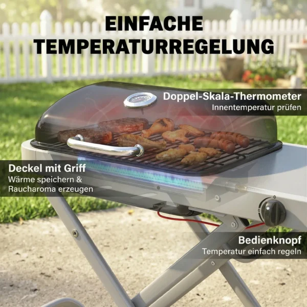 Draagbare Gasgrill 1 Brander 2,5kW Grillwagen Met Opvouwbare Rolwagen Grillrooster Zijtafel Deksel Thermometer